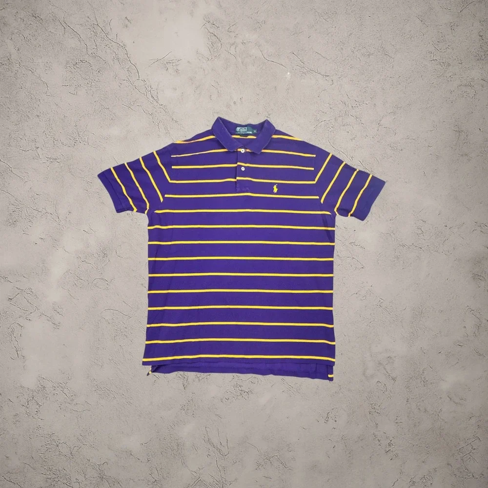 Polo Ralph Lauren Striped Polo Shirt Mens XL Purple Yellow Y2K Vintage Boxy Fit